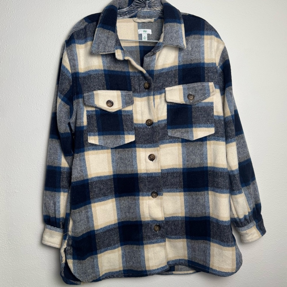 Dip Brand Shacket Flannel Plaid Button-Up Shirt in Blue and Cream cabincore‎